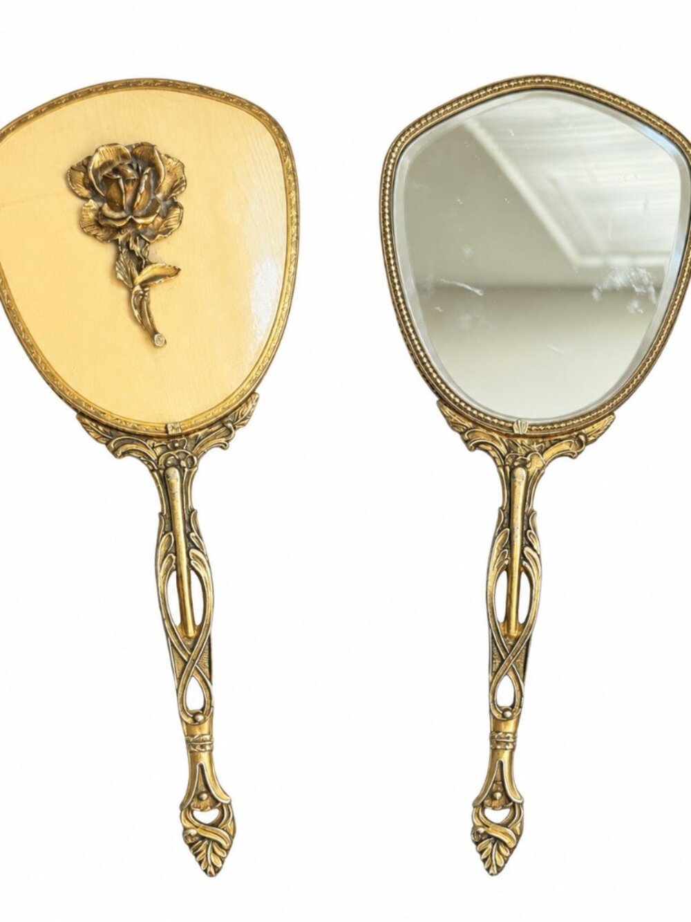 Vintage Rose Hand Mirror Gold Tone Ornate Floral Cracked Handle AS IS